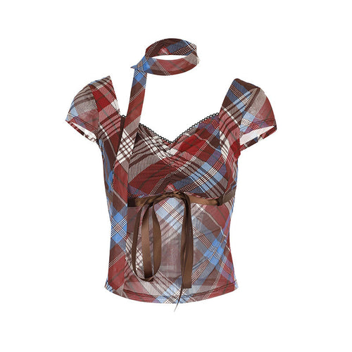 Damen Elegantes Karomuster-Bluse mit verstellbarem Bindegürtel und Spitzenakzenten R&B