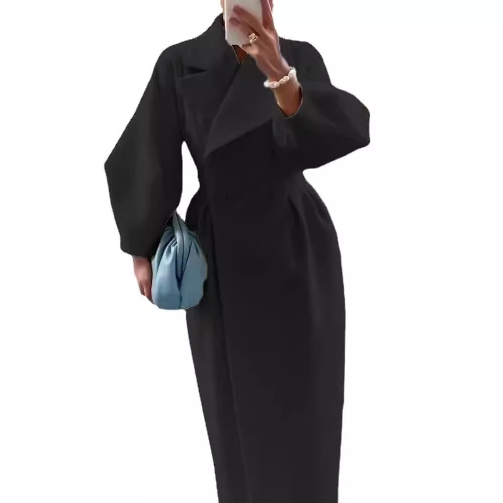 Damen eleganter Trenchcoat mit hohem Schlitz und Puffärmeln R&B