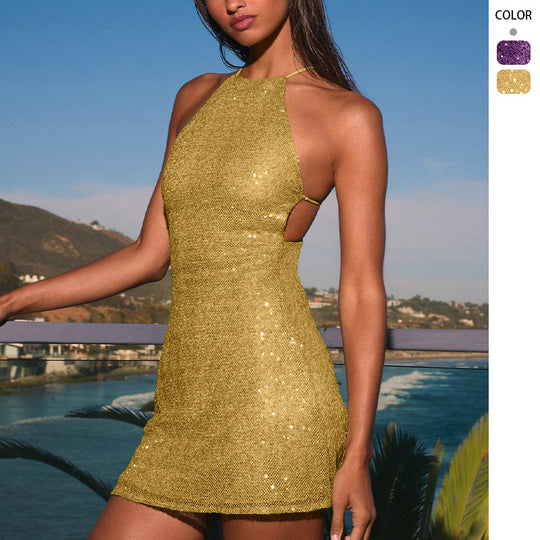 Damen Glitzerndes Cocktailkleid mit hochgeschlossenem Design und Cut-Outs R&B
