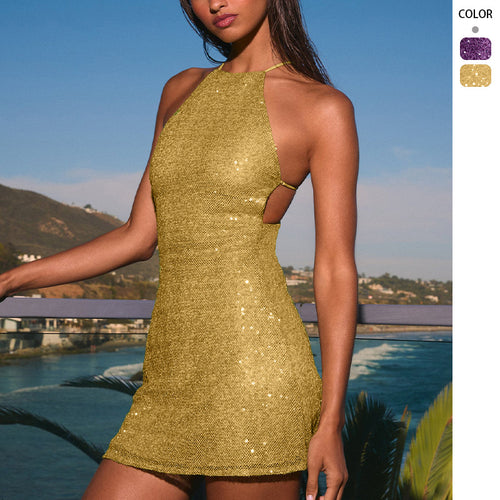 Damen Glitzerndes Cocktailkleid mit hochgeschlossenem Design und Cut-Outs R&B