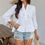 Damen Oberteil mit eleganter Broderie Anglaise und ausgestellten Ärmeln R&B