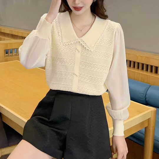 Damen Bluse mit Spitzenkragen und dekorativen Knöpfen