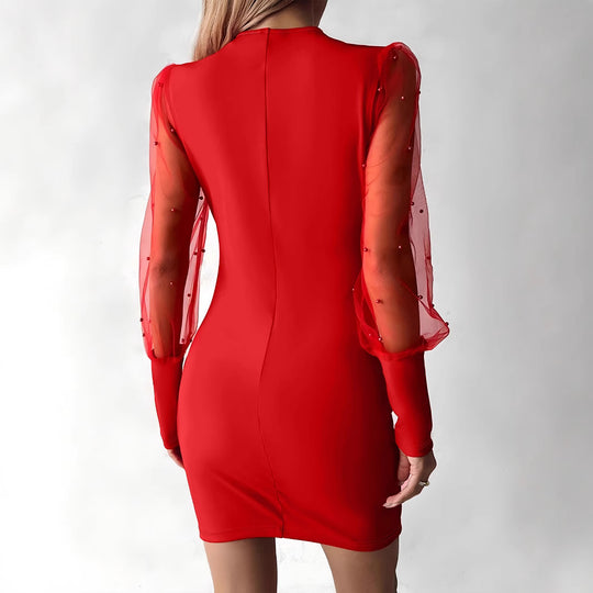 Damen Wickelkleid mit transparenten Puffärmeln und glitzernden Detals R&B