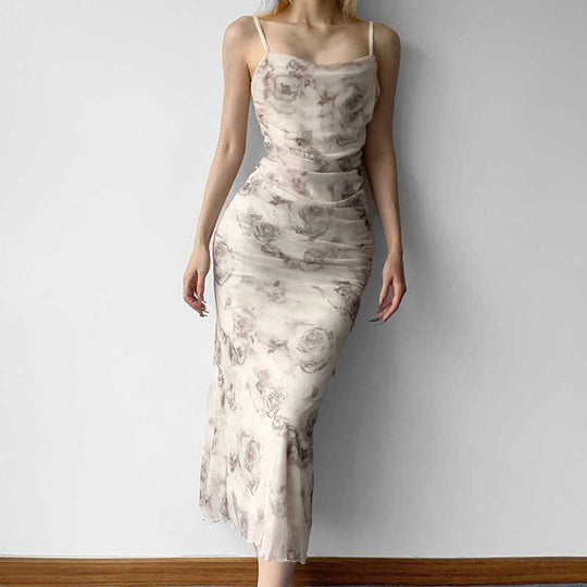 Damen elegantes Maxikleid mit raffinierten Rüschendetails und floralem Druck R&B