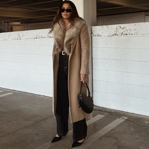 Damen Eleganter Trenchcoat mit gemütlichem Faux-Fur-Kragen und taillierbarem Gürtel R&B
