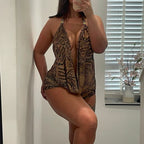 Damen eleganter Einteiler mit tiefem V-Ausschnitt und verspieltem Animal-Print R&B