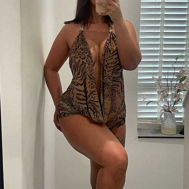 Damen eleganter Einteiler mit tiefem V-Ausschnitt und verspieltem Animal-Print R&B