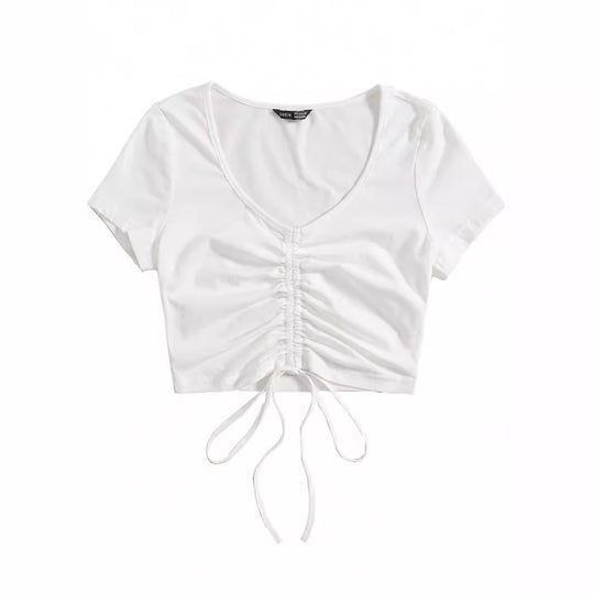 Damen Cropped Top mit raffinierten Rüschendetails und Kordelzug R&B