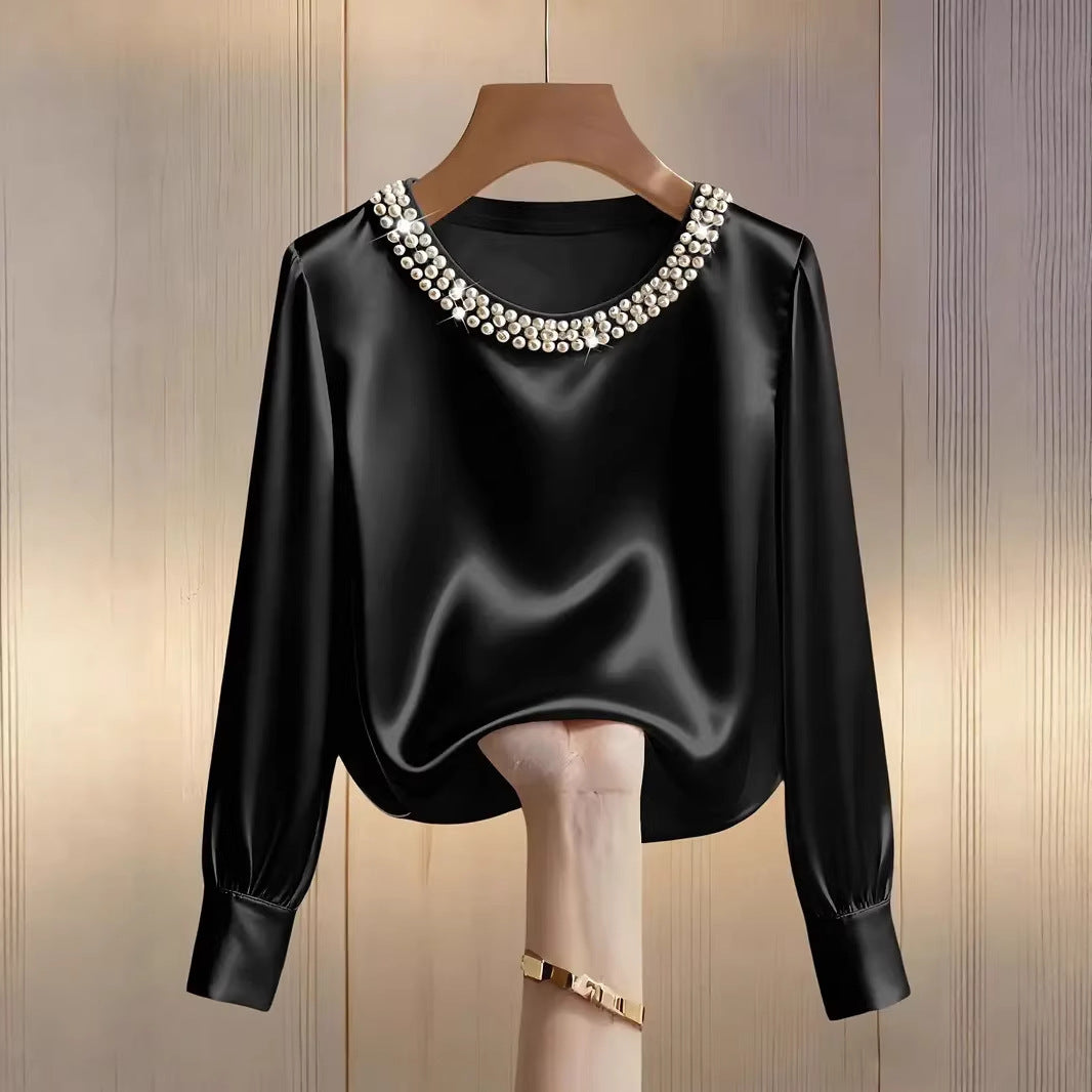 Damen elegante satinierte Bluse mit Perlenkragen R&B