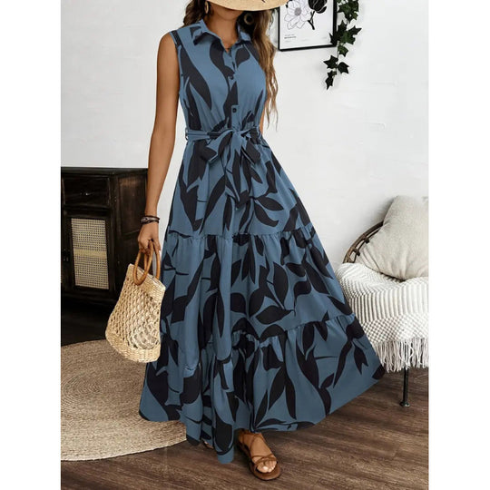 Damen Maxi-Kleid mit maskulinem Blätterdruck und tailliertem Gürtel R&B