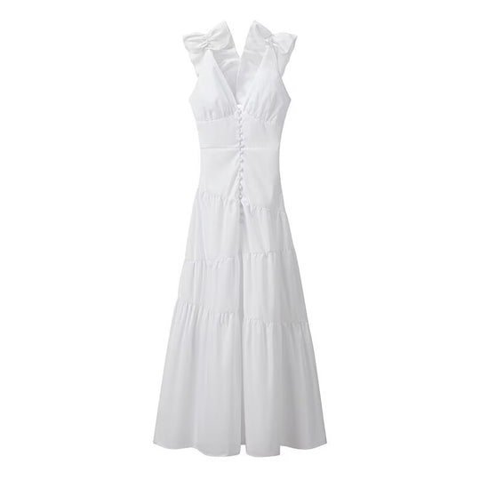 Damen Maxikleid mit schwingendem Rüschendesign und elegantem V-Ausschnitt R&B