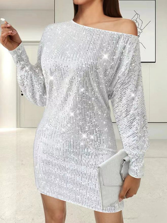 Damen Glamouröses Minikleid mit asymmetrischem Schulterdesign und Funkeleffekten R&B