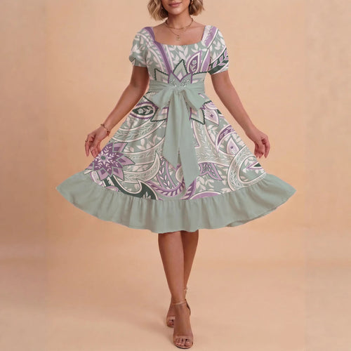 Damen modernes Blumenkleid mit elegantem Taillengürtel und asymmetrischem Saum R&B