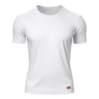 Herren nan schlankes Rundhals-T-Shirt aus glattem Stretchjersey mit dezenter Leder-Logoapplikation R&B