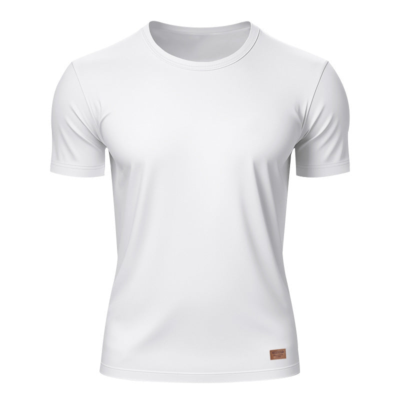 Herren nan schlankes Rundhals-T-Shirt aus glattem Stretchjersey mit dezenter Leder-Logoapplikation R&B