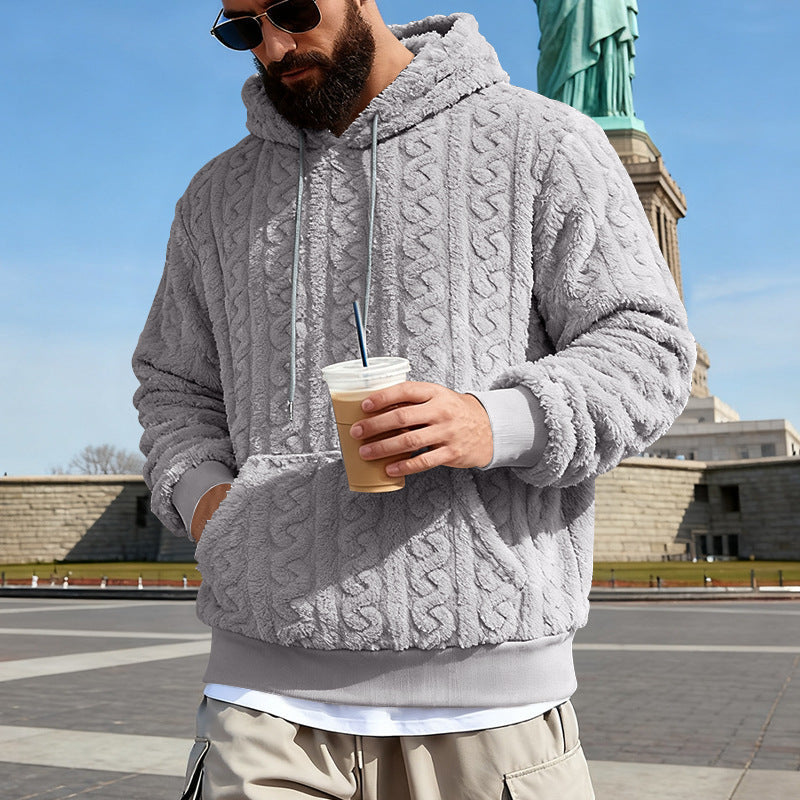 Herren nan Kuscheliger Sherpa-Hoodie mit Zopfmuster, Kängurutasche und Rippbündchen R&B