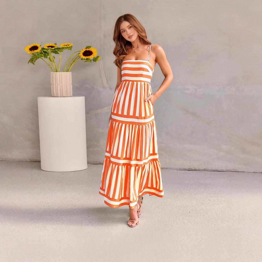Damen Maxi-Kleid mit Streifenmuster und tiefem Ausschnitt R&B