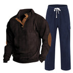 Herren nan Strick-Freizeitset mit Knopfleiste und Ellenbogenaufnähern sowie Cord-Cargohose R&B