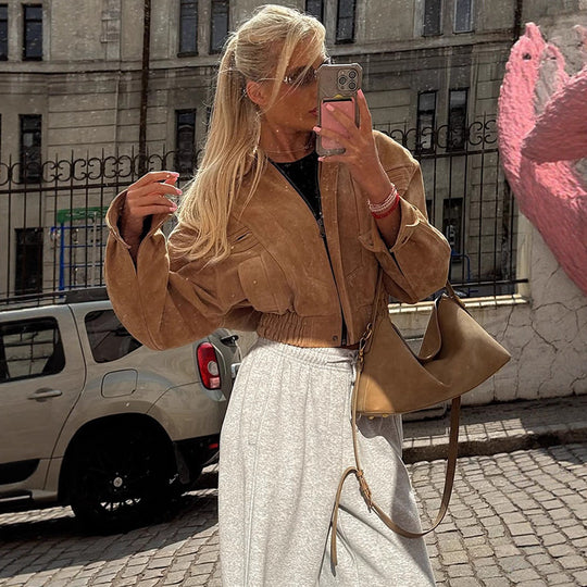 Damen cropped Wildlederjacke mit breiten Ärmeln und praktischen Taschen R&B