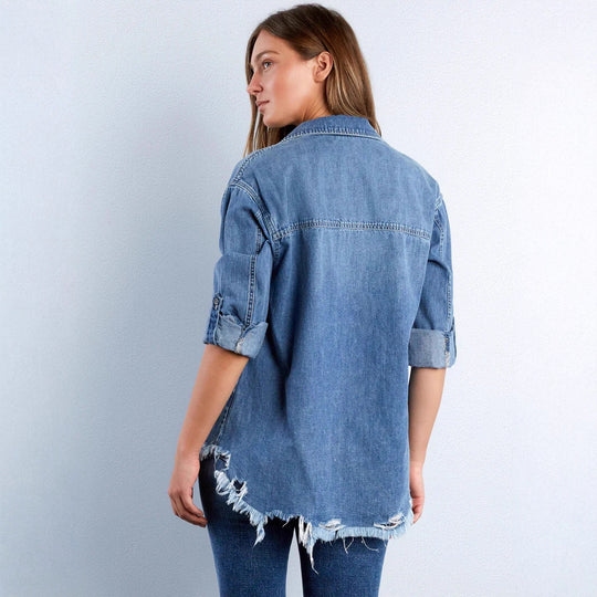 Damen Denim-Bluse mit Herz-Applikation und fransigem Saum R&B