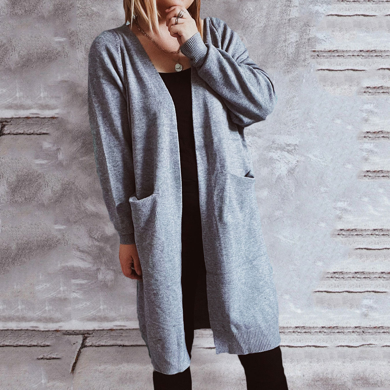 Damen lässiger Strickcardigan mit offenen Fronten und praktischen Taschen R&B