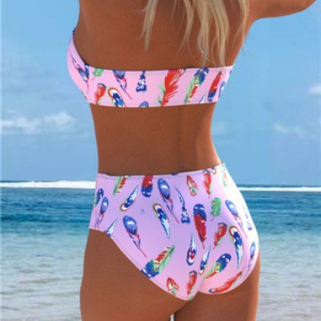 Damen Bandeau-Bikini mit einzigartigem Federmuster und hohem Taillenschnitt R&B
