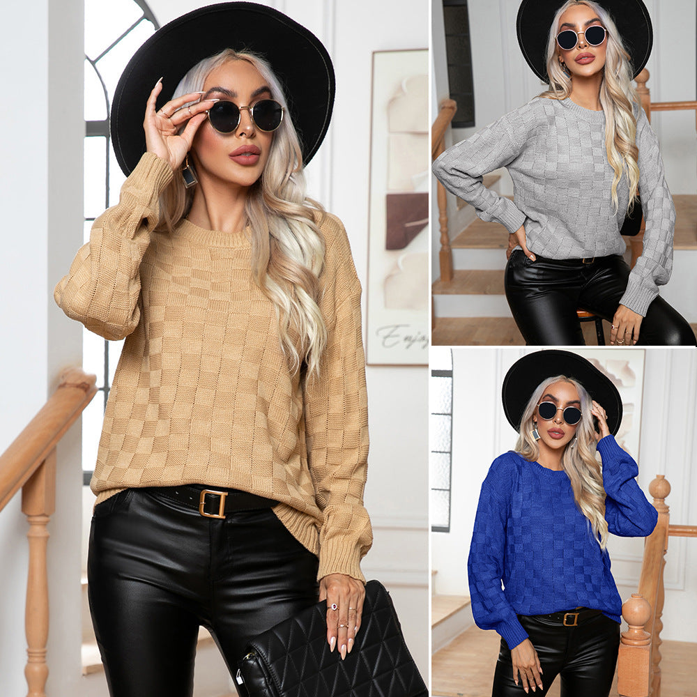 Damen lässiger Strickpullover mit Karomuster und weit ausgestellten Ärmeln R&B