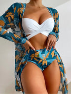 Damen Bikini-Set mit floralem Design und lässiger Überjacke R&B
