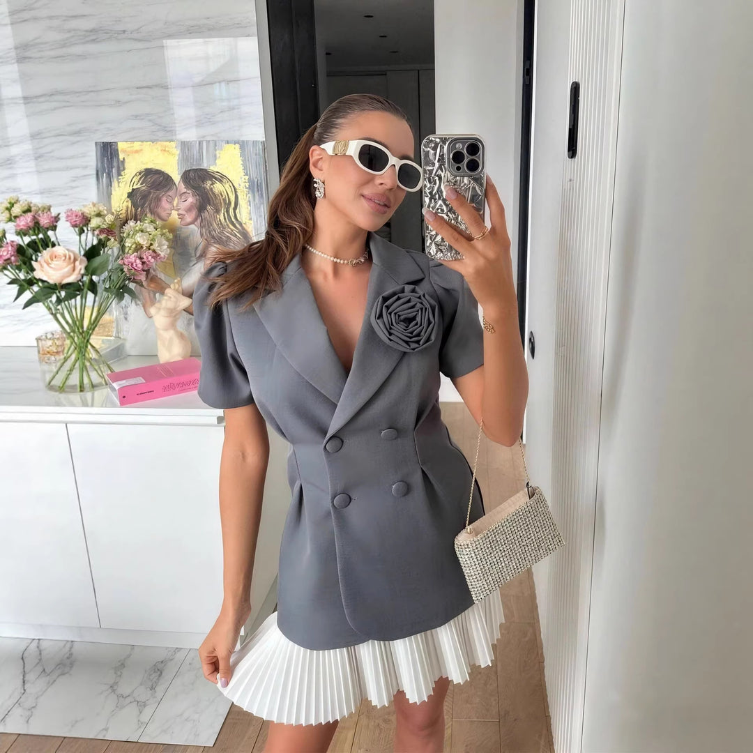 Damen eleganter Blazer mit Puffärmeln und floralem Detail R&B