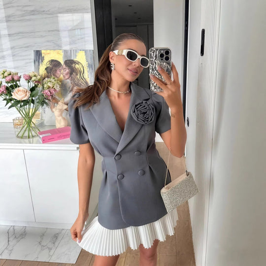 Damen eleganter Blazer mit Puffärmeln und floralem Detail R&B