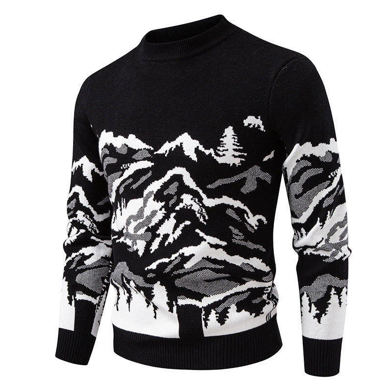 Herren Strickpullover mit Bergmotiv und hohem Kragen R&B
