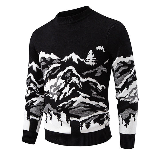 Herren Strickpullover mit Bergmotiv und hohem Kragen R&B