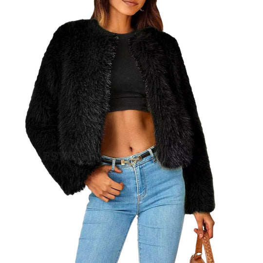 Damen Kuschelige Kurze Pelzjacke R&B