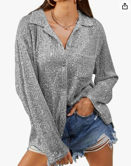 Damen Glitzernde Oversize-Bluse mit lässigem Schnitt R&B