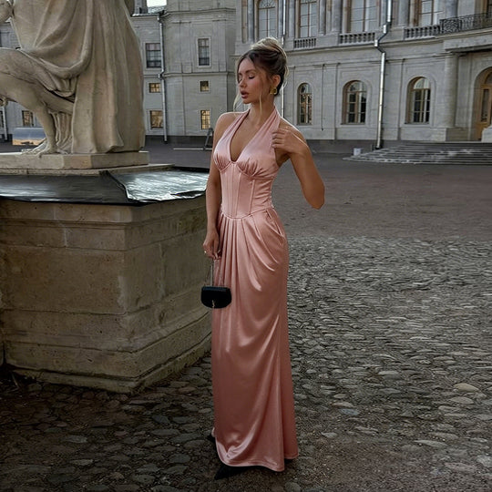 Damen elegantes Maxikleid mit feinem V-Ausschnitt und tailliertem Design R&B