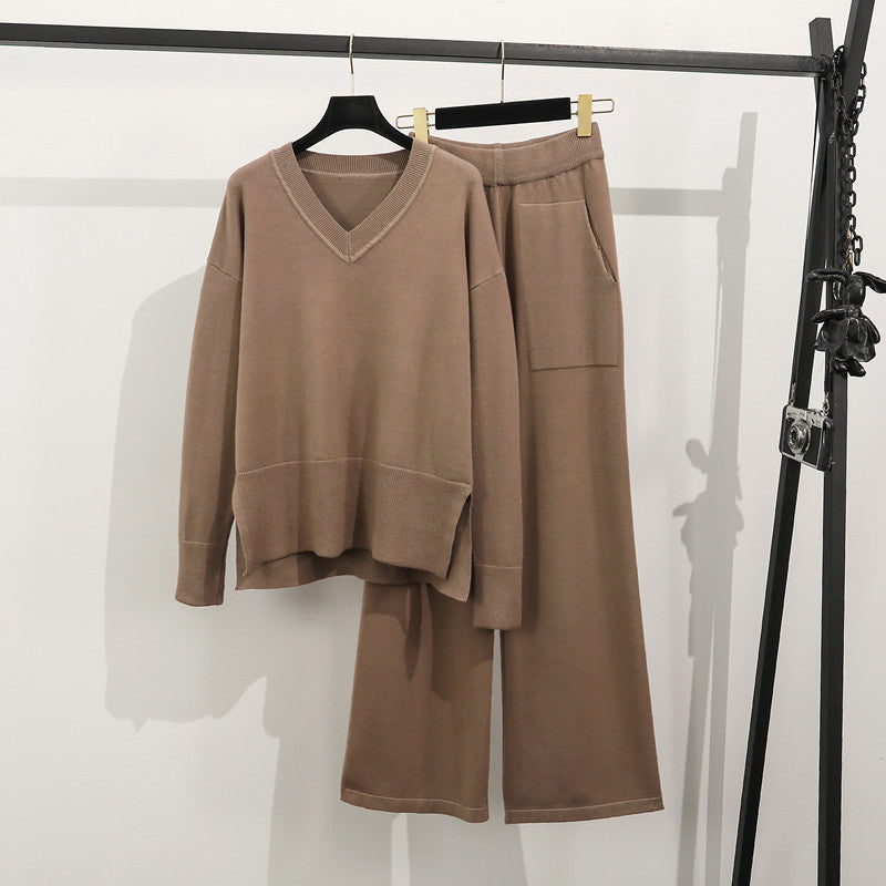 Damen lässiges Strick-Loungewear-Set mit tiefem V-Ausschnitt und praktischen Taschen R&B
