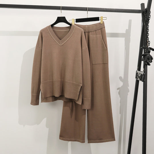 Damen lässiges Strick-Loungewear-Set mit tiefem V-Ausschnitt und praktischen Taschen R&B