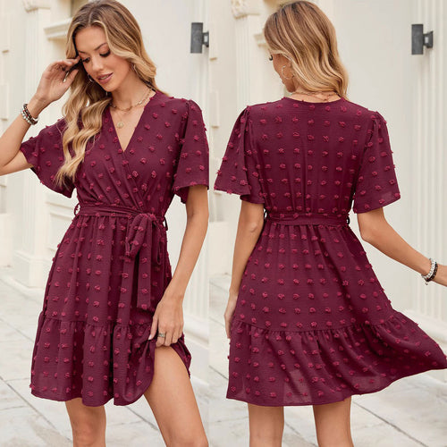 Damen Wickelkleid mit stilvollen 3D-Blüten-Details und elastischem Taillenbund R&B