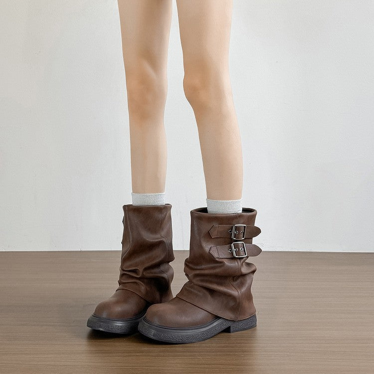 Damen modische Winterstiefel mit modischem Falten-Design und dekorativen Schnallen R&B