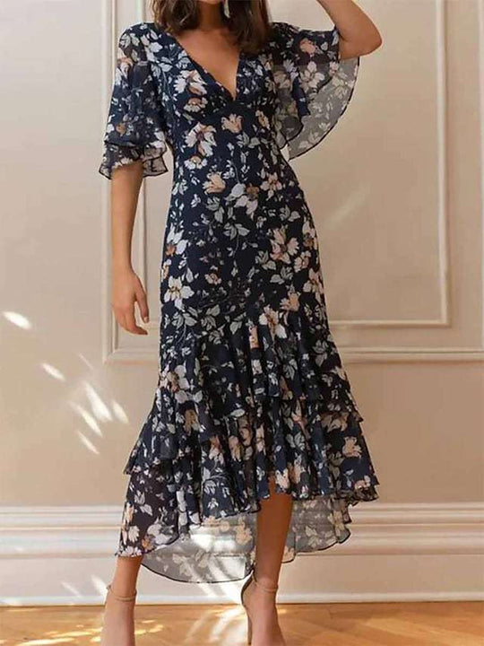 Damen Maxikleid mit voluminösen Ärmeln und floralem Design R&B