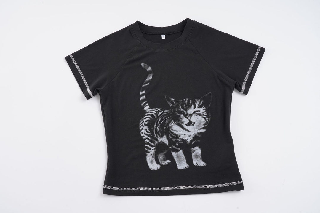 Damen T-Shirt mit kreativem Katzenmotiv und sportlichem Schnitt R&B
