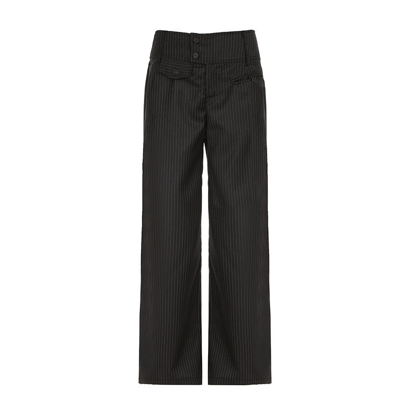 Damen Elegante weit geschnittene Streifenhose mit hoch sitzendem Bund und dekorativen Knopfdetails R&B