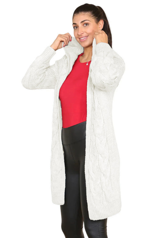 Damen Langer Strickmantel mit elegantem Zopfmuster und Kapuze R&B