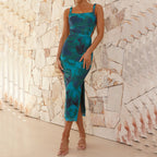 Damen Figurbetontes Maxikleid mit ästhetischem Blumendesign und Schlitzdetails EB