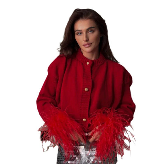 Damen Schicke Strickjacke mit auffälligen Federärmeln R&B