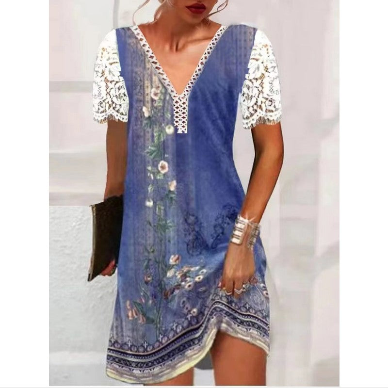 Damen Leichtes Sommerkleid mit Spitzenärmeln und floralem Design R&B
