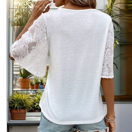 Damen elegantes V-Ausschnitt Blusenshirt mit floralen Spitzenärmeln R&B