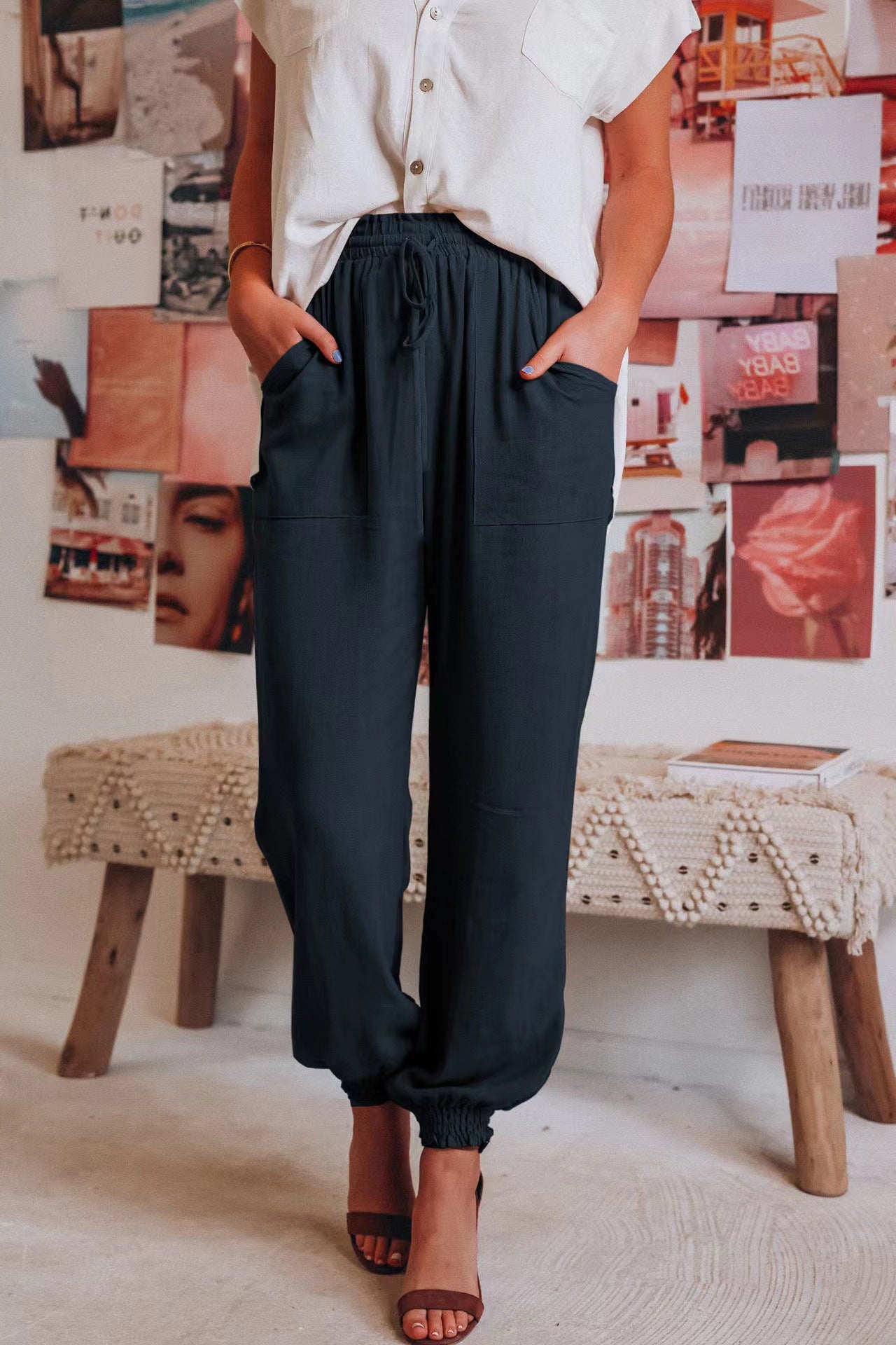 Damen Bequeme und legere Hose mit elastischem Bund und vielseitigen Taschen R&B