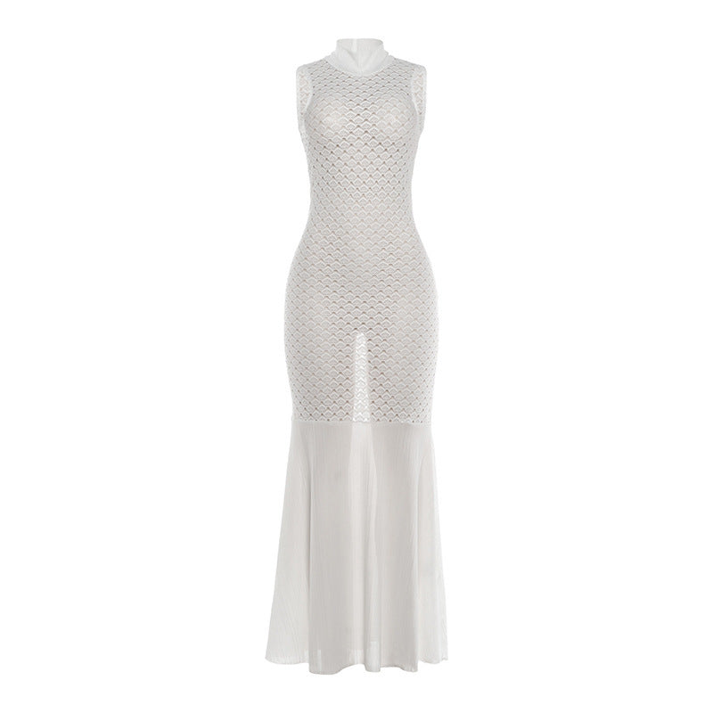 Damen Maxikleid mit transparentem Spitzenmuster und schickem Schlitz R&B