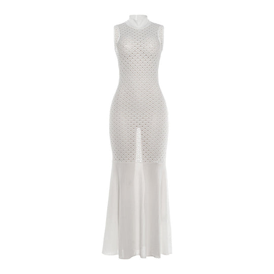 Damen Maxikleid mit transparentem Spitzenmuster und schickem Schlitz R&B